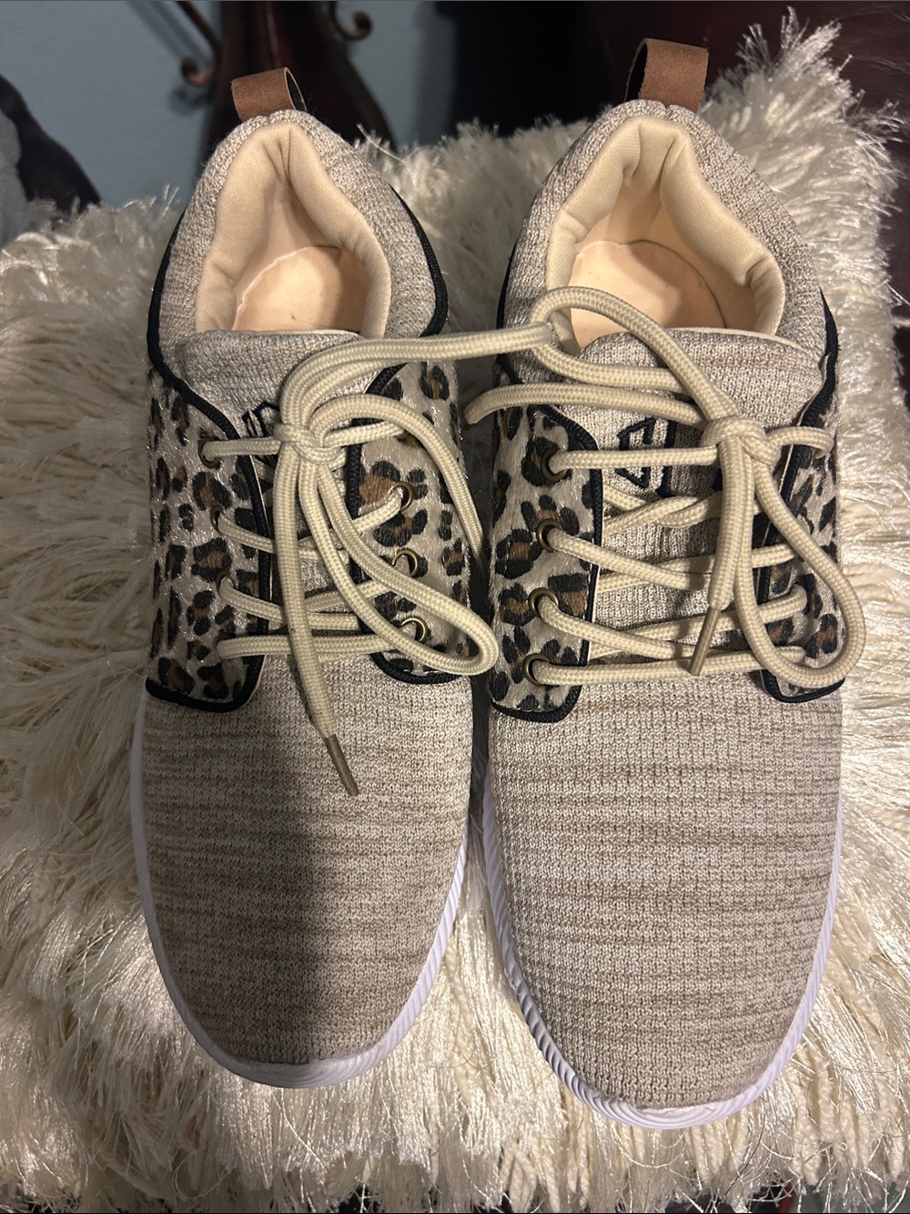 Beige Knit Sneakers with Leopard Accent